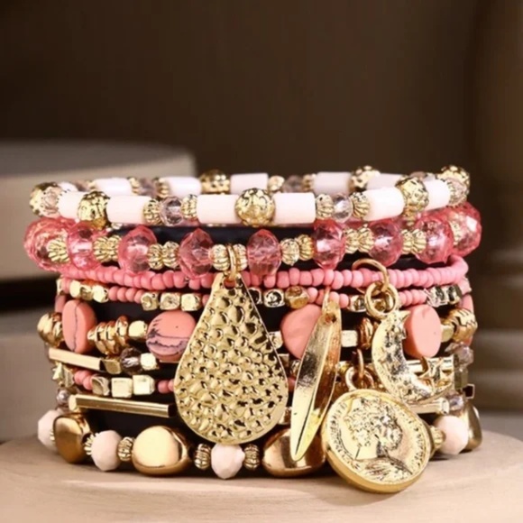 Pink 9-Strand Beaded Boho Stackable Stretch Bracelet Set w/ Gold Charms - Picture 1 of 4